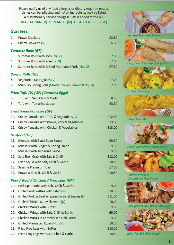 menu at Mien Tay restaurant
