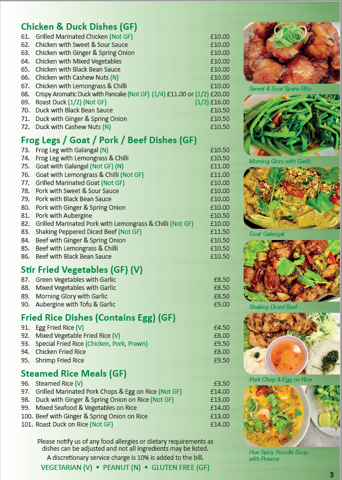 menu at Mien Tay restaurant