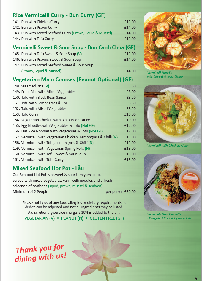 menu at Mien Tay restaurant